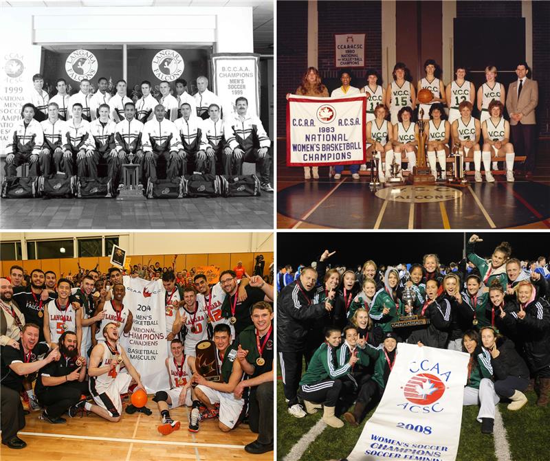 Langara CCAA championship teams starting top left moving clockwise: 1999 Men's Soccer, 1983 Women's Basketball, 2014 Men's Basketball, 2008 Women's Soccer.