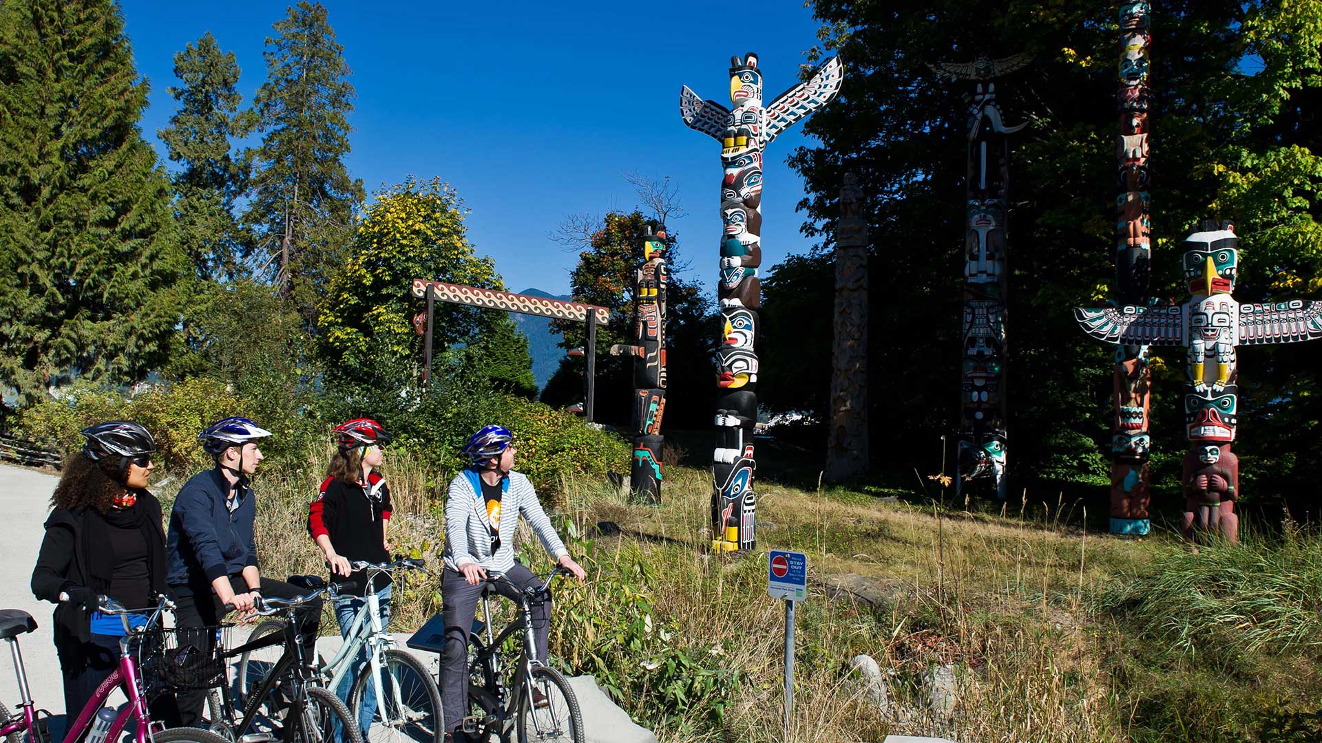 A group of students is exploring the scenic beauty of Stanley Park on their bicycles, surrounded by lush greenery and stunning waterfront views.