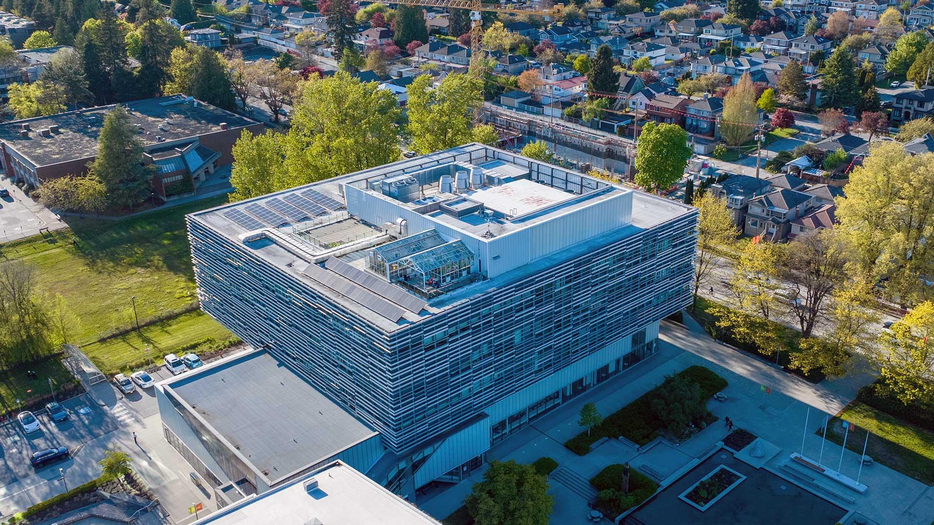 Langara T Building is LEED Gold Certified and features solar panels on the roof to provide energy for the building.