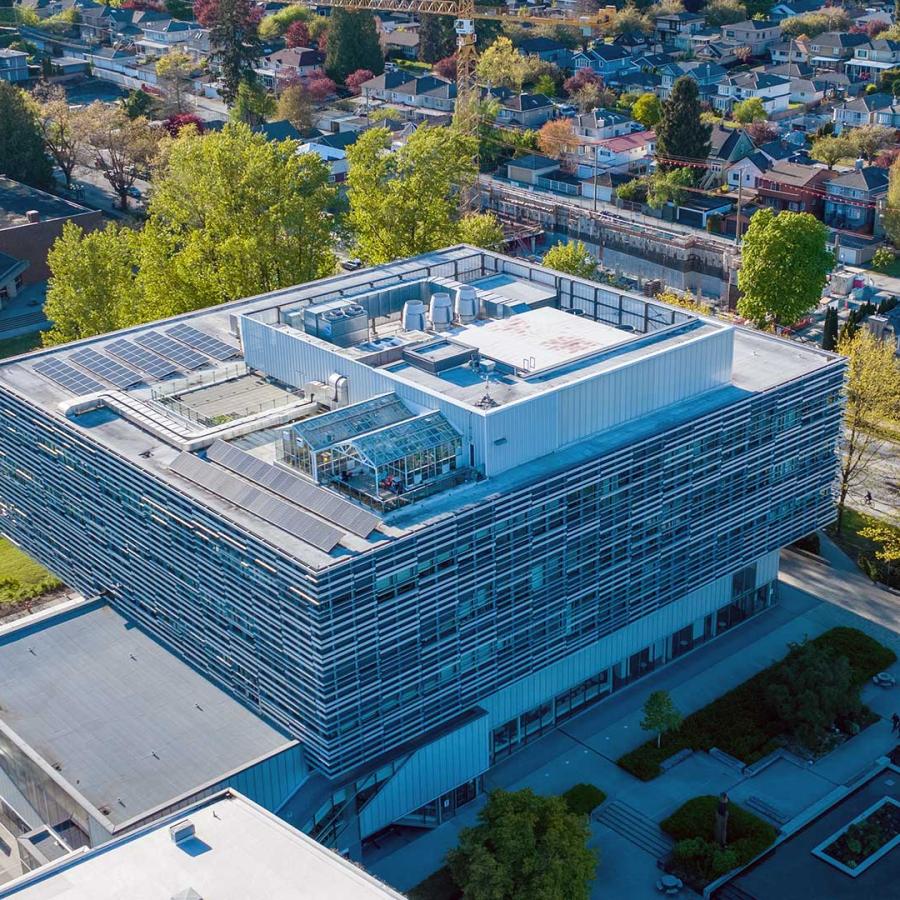 Langara T Building is LEED Gold Certified and features solar panels on the roof to provide energy for the building.