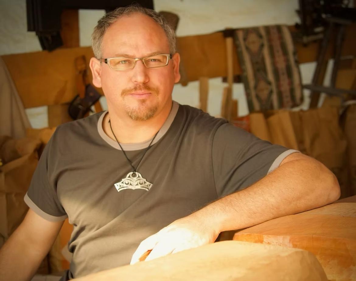 Aaron Nelson-Moody in his carving shop.