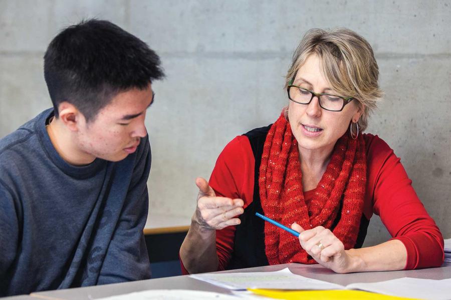 A faculty member is mentoring a student.