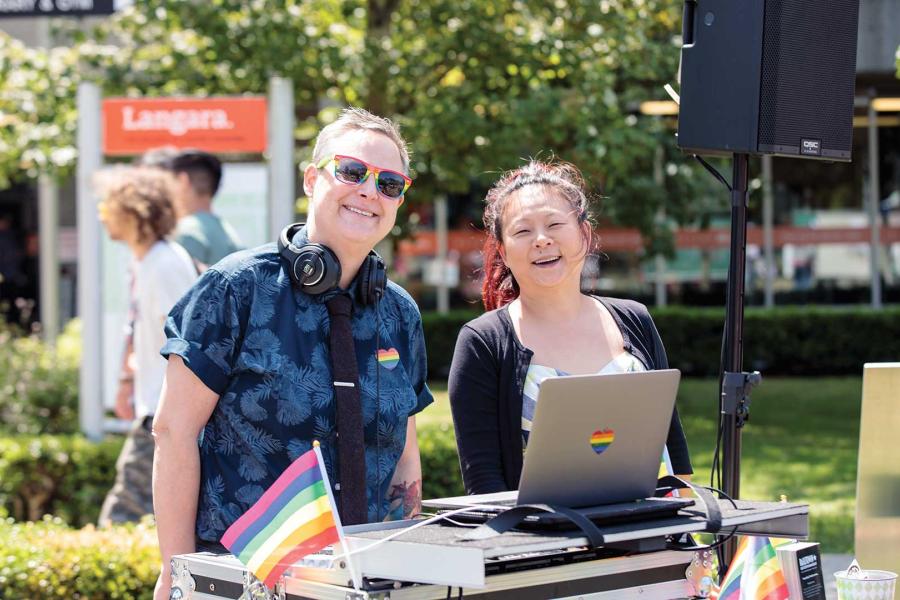 Students playing music at a Pride event at Langara College.